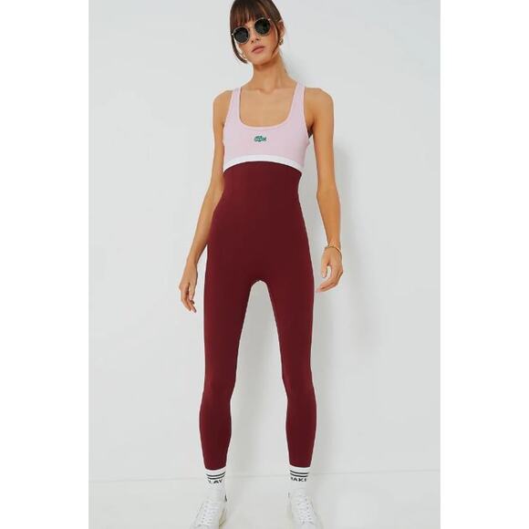 Lacoste x Bandier Colorblock Full Bodysuit All Motion Bordeaux Size Large - Picture 10 of 13